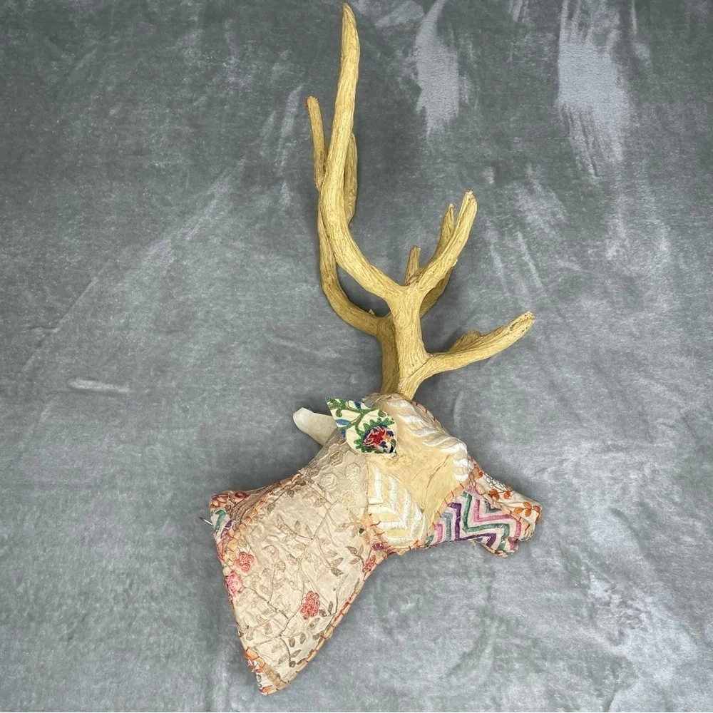 Faux Kantha Patchwork Deer Stag Fabric Covered Wall Decor Gold Antlers Boho